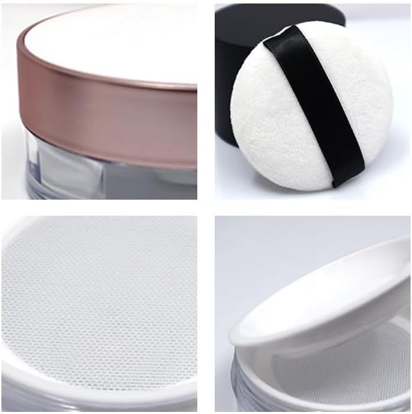 AKOAK Capacity 15ml(0.5 oz) No Leaks Empty Reusable Plastic Loose Powder Compact Container DIY Makeup Powder Case with Sponge Powder Puff, Elasticated Net Sifter and Threaded Screw Lid (White)