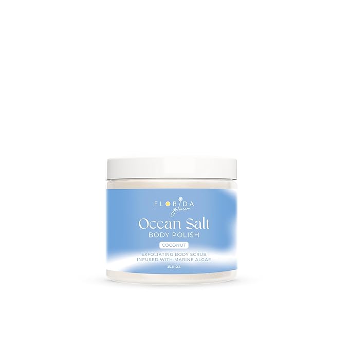 Sea Salt Body Scrub by Florida Suncare - Ocean Salt Body Polish Infused with Marine Algae - Exfoliating Face and Body Scrub - Facial Scrub Exfoliator to Tackle Acne (Coconut, 3.3 oz)