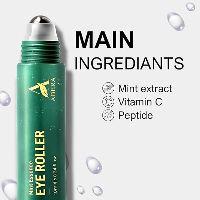 Abera Eye Roller Serum with Mint Essence, Vitamin C and Peptides - Energizing Serum for Dark Circles and Puffiness, Fine Lines Serum, 0.34 fl oz