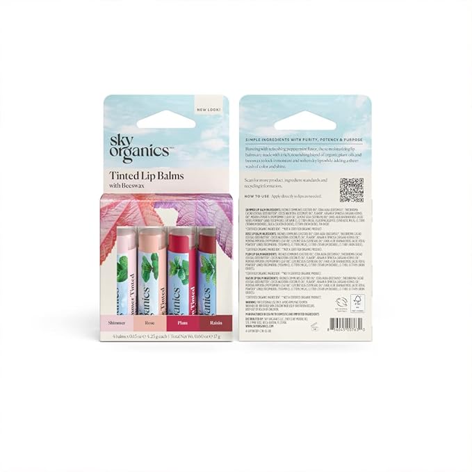 Sky Organics Tinted Lip Balms for Lips to Moisturize, Soften & Add A Wash of Color, Four Assorted Shades, 4pk.