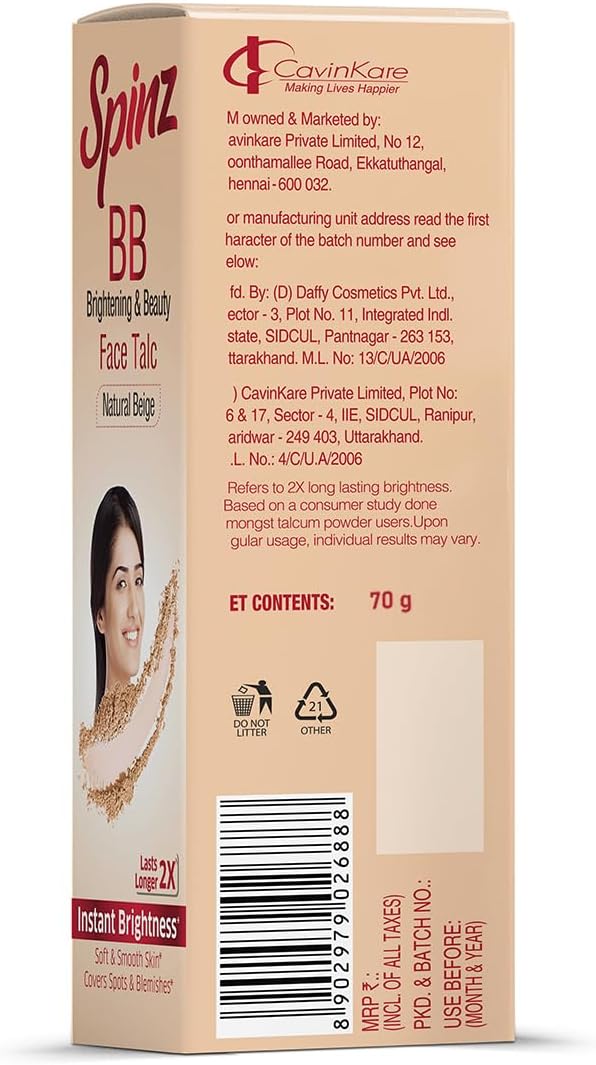 Spinz BB Talc, instant glow cover spots & blemishes 100g