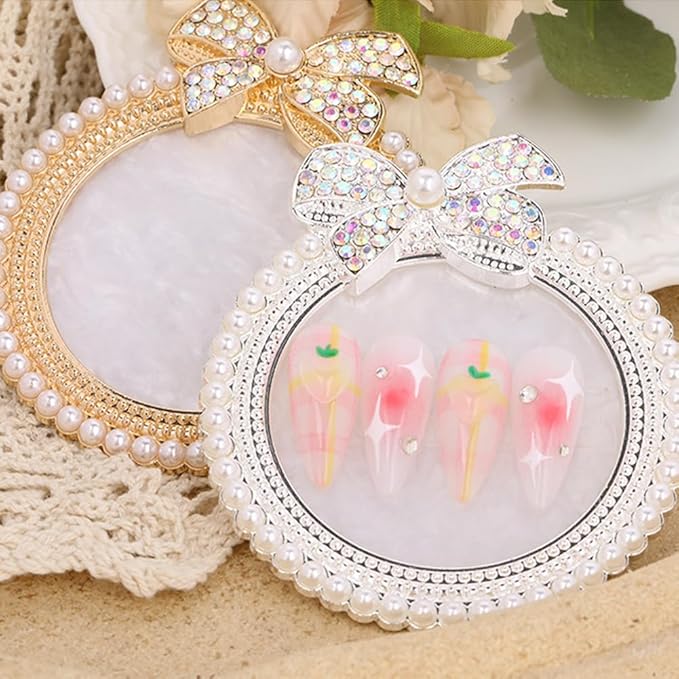 2 Pack Bow with Rhinestones Pearl Nail Art Palette Nail Polish Art Painting Mixing Palette Holder Pearl Edge Professional Cosmetic Nail Art Tools for Women and Girls Nail Polish Display