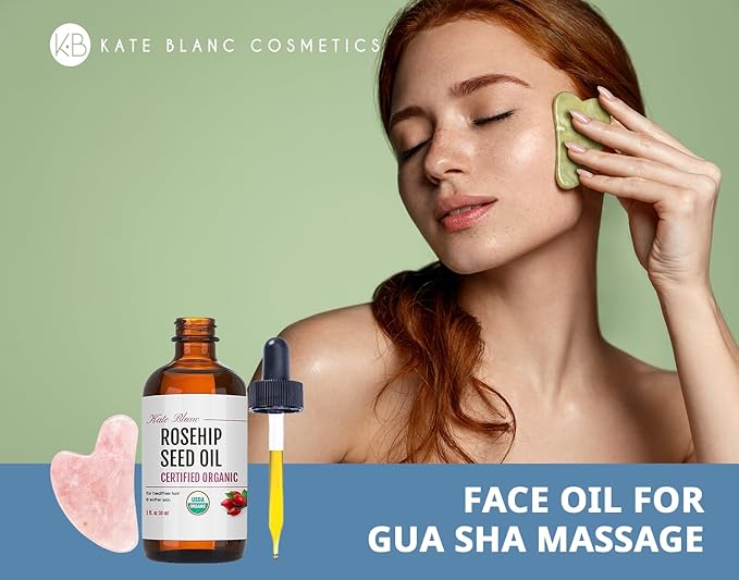 Kate Blanc Cosmetics Rosehip Oil for Face with Pink Gua Sha Stone (1oz, Organic, Pure, Cold Pressed) Rosehip Seed Face Oil for Gua Sha Massage