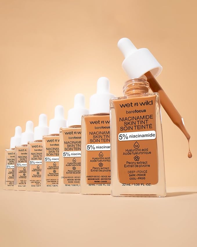 wet n wild Bare Focus Skin Tint, 5% Niacinamide Enriched, Buildable Sheer Lightweight Coverage, Natural Radiant Finish, Hyaluronic & Vitamin Hydration Boost, Cruelty-Free & Vegan - Amber Beige