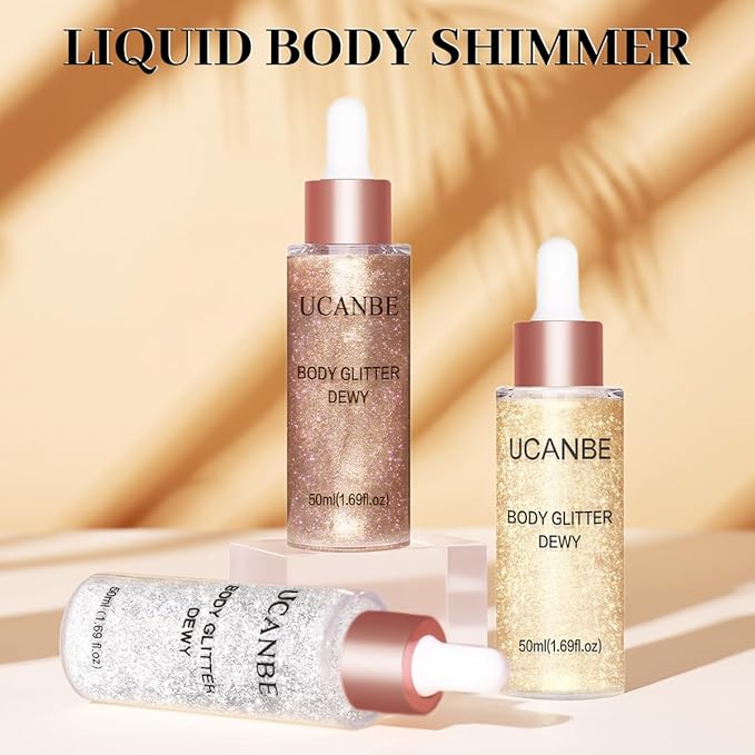 UCANBE Highlighter Makeup Drops Body Glitter Dewy Liquid Face Glow Shimmer for Women Holographic Luminizer Sparkles for Face (Silver Fairy White - 02)