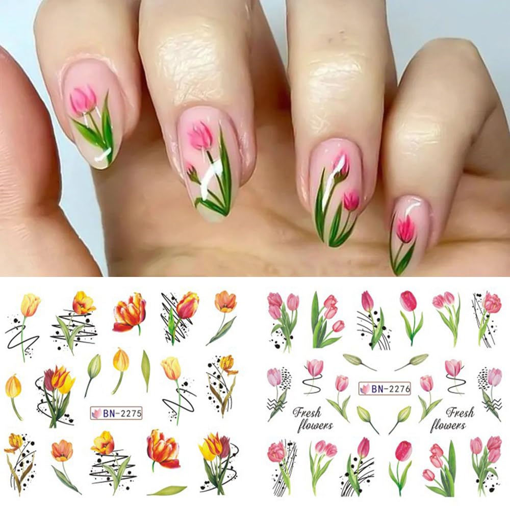 Flowers Nail Art Stickers Decals Tulip Floral Leaf Watercolor Nail Art Decals Transfer Foils for Nails Supply Butterfly Flowers Designs Nail Tattoo Sliders for Women DIY Manicure Nail Decoration 12PCS