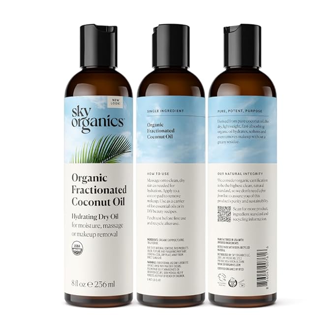 Sky Organics Fractionated Coconut Oil, Hydrating Dry Oil for Moisture, Massage and Makeup Removal, Suitable for All Skin Types, 100% Pure and Cold Pressed Multipurpose Body and Face Oil, 8 fl. Oz