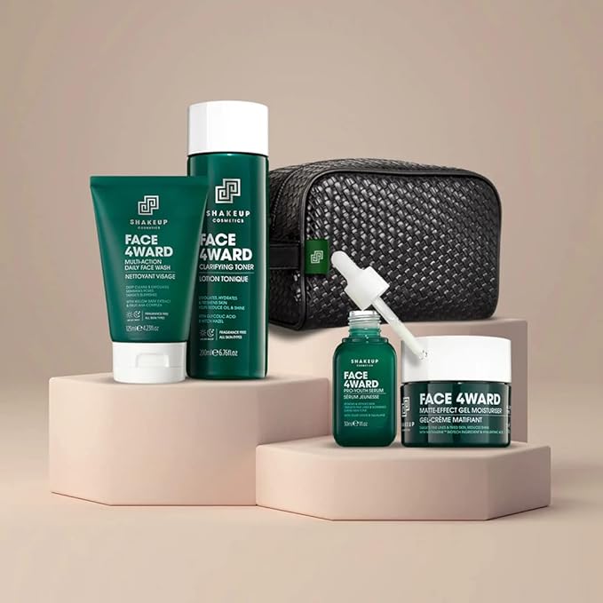 Shakeup - Mens Skincare Routine with Wash Bag, Gift Set, Daily Face Wash, Clarifying Toner, Anti Ageing Serum, Matte-Effect Moisturiser, Plus Wash Bag