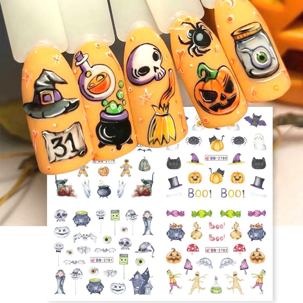 Halloween Nail Stickers 12 Sheets Pumpkin Halloween Nail Art Supplies Decorations Water Transfer Nail Decals Cute Ghost Witch Bat Skeleton Spider Design Watermark Slider Nail Foils for Women DIY