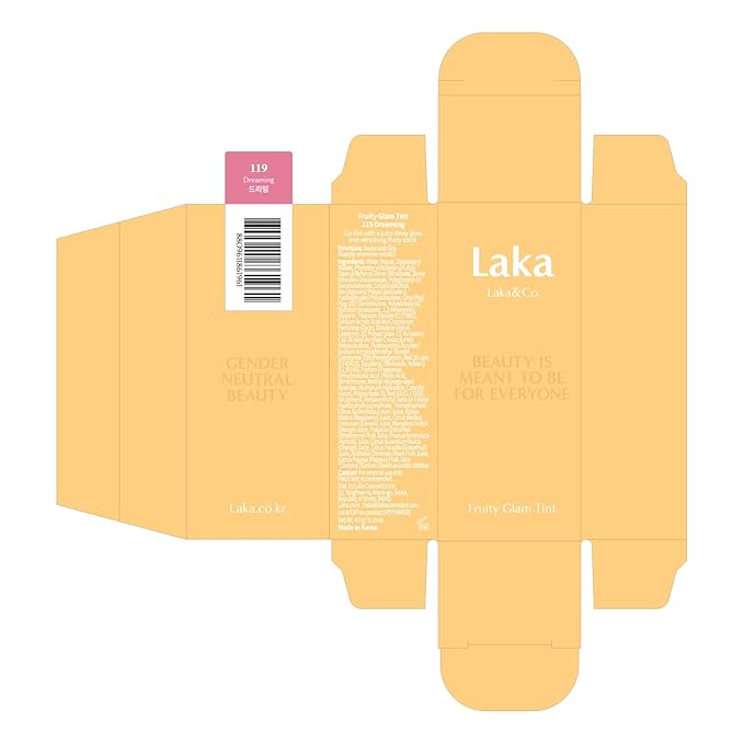 Laka Fruity Glam Tint, 4.5g/0.15 oz., Glowing Lip Stain with Wide Color Spectrum, Hydrating & Lightweight Texture, Long-Lasting Bold Stain, Non-Sticky, Vegan, K-Beauty (#119 Dreaming)