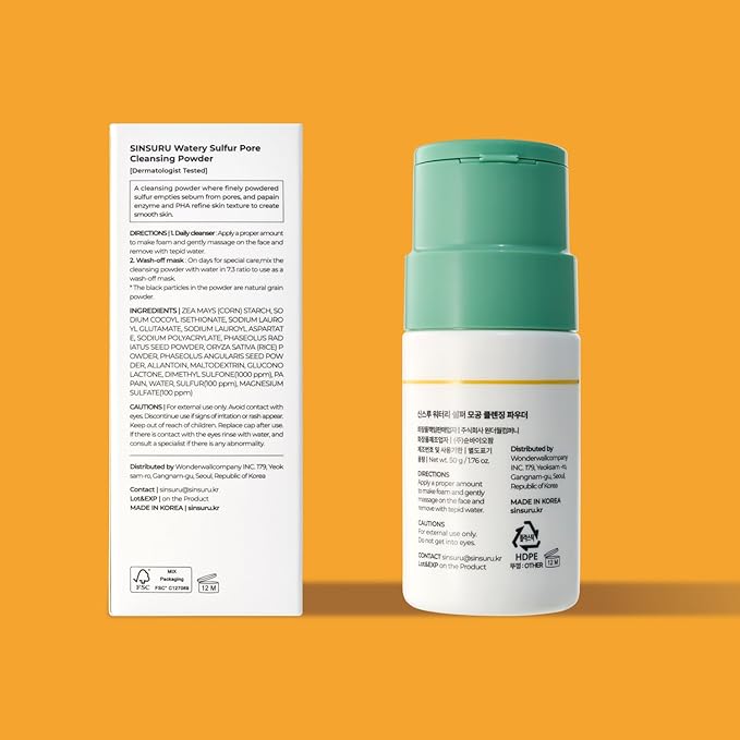 Watery Sulfur Pore Cleansing Powder, Korean Enzyme & Rice Powder & PHA Face Wash for Blackhead Removal, Sensitive and Acne-Prone Skin, Radiant Glow, Bumpy skin (1.76 oz / 50g)