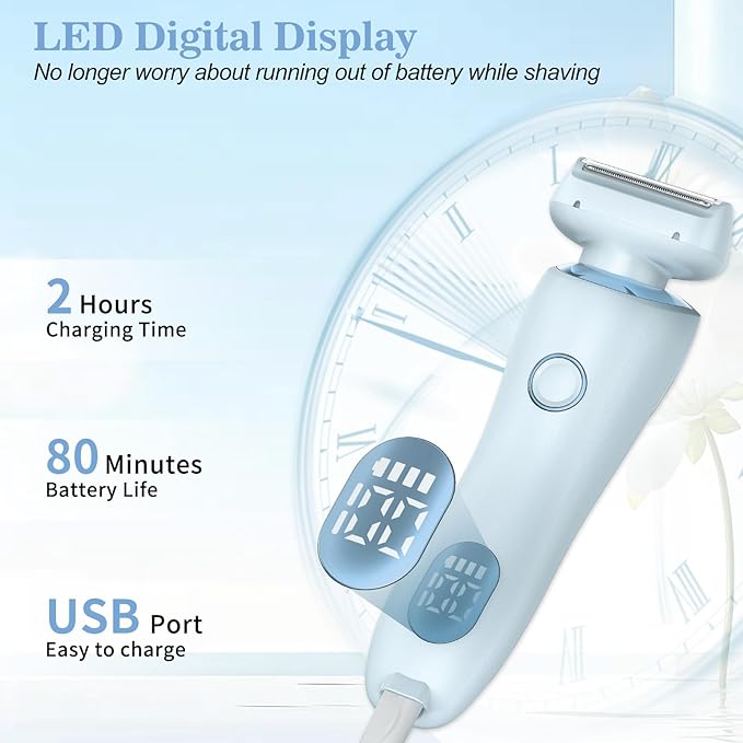 Livora Electric Shaver for Women, 2 in 1 Wet & Dry Bikini Trimmer with 2 Removable Heads, The Glide Pro 3.0 Razor, Painless Hair Removal for Bikini, Legs, Underarms, Body (Blue)