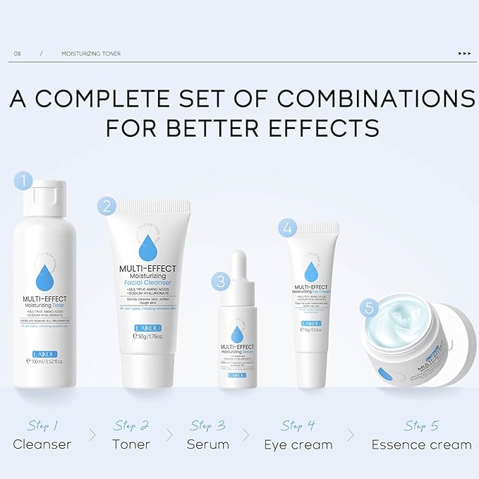 Generic Moisturizer Skin Care Set,5PCS Skincare Teen Girls Set,Long-Lasting Moisturizing Skincare SetWith Cleanser,Toner,Serum,Eye Cream,Cream,Strong moisturizing effect,For All Skin Types, Blue