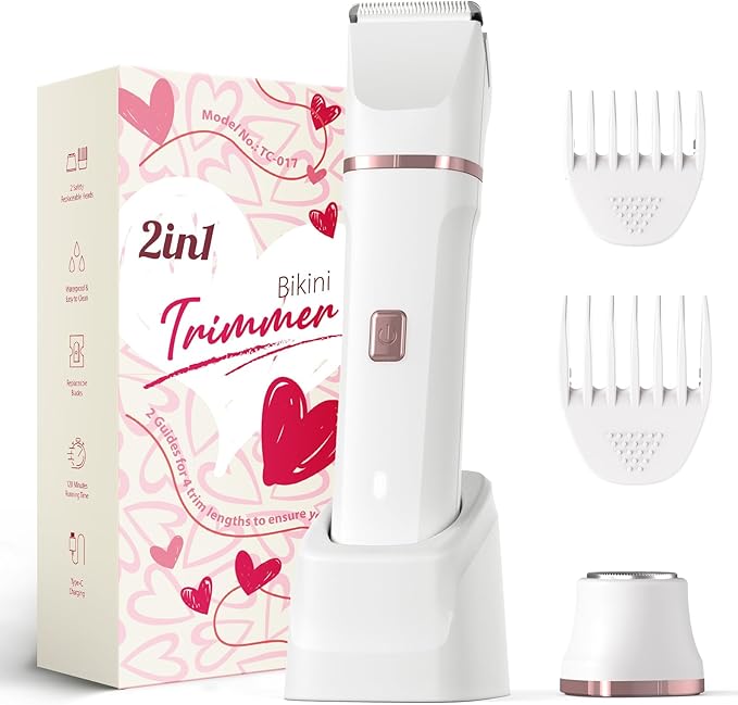 Pubic Hair Trimmer for Women - Electric Razors for Women's Body Groomer, Replaceable Ceramic Blade Heads, Face Hair Remover Head, USB-C&Dock Charging, Waterproof&Easy Cleaning White