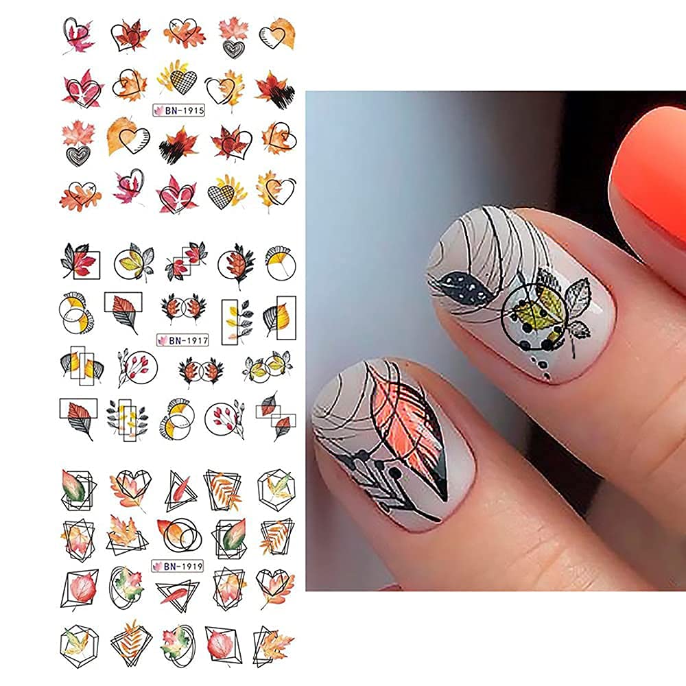 Fall Nail Art Stickers Thanksgiving Nail Decals 24 Sheets Maple Leaves Pumpkin Water Transfer Maple Leaf Turkey Pumpkin Animal Nail Design Sticker for Women Girls Fingernail Tattoos Decoration