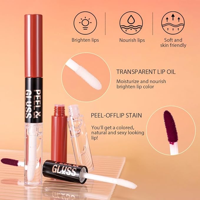 Dewy Rose Lip Stain Peel Off Lip Gloss oil Dual-Ended Combo, Lips Liner Stain Peel Off Tattoo, Long Lasting & Waterproof, Transfer-Proof Lip Tint Stain with Lip oil for All Skin Type 02#