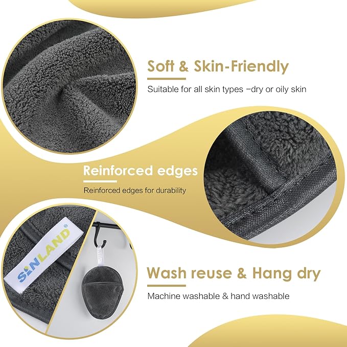 SINLAND Reusable Makeup Remover Pads For Face,Eye,Lips Microfiber Gentle Facial Cleansing Cloths for All Skin Types Friendly for Makeup Remover With Laundry Bag 5.1inchx3.93inch Grey Pack of 6