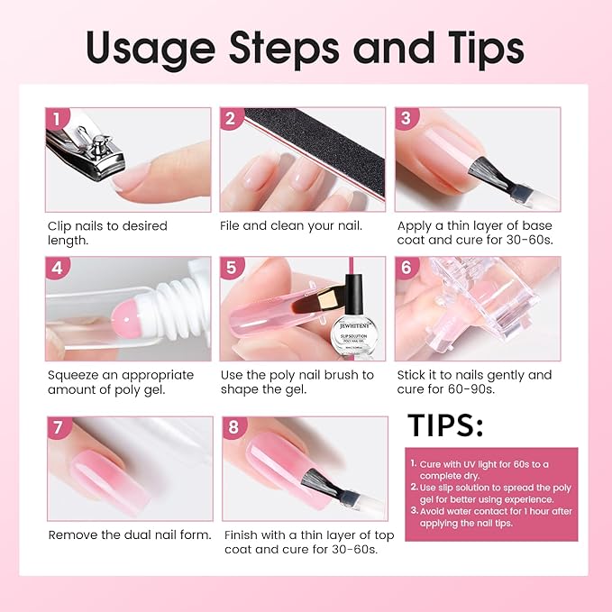 JEWHITENY Poly Extension Gel Nail Set Clear White Pink Poly Nail Gel With Base Coat Top Coat for Finger Art and Home DIY French Manicure Need U V Lamp Curing