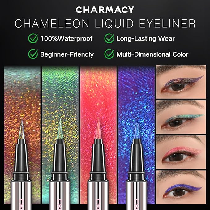 CHARMACY Chameleon Liquid Eyeliner, Liquid Glitter Eyeliner, Highly Pigmented, Metallic MultiColor Shifting waterproof Eyeliner, Ultra-Fine Tip, Longwearing, Smudge-proof (A04 Ocean Glint)