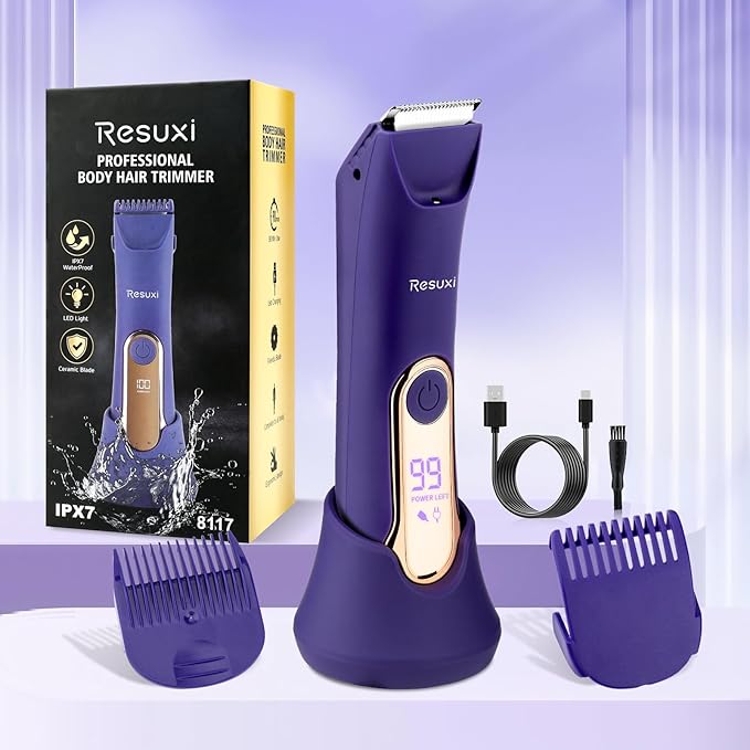 RESUXI Electric Bikini Trimmer for Women,Pubic Hair Trimmer Ceramic Blade Electric Razors Shaver for Underarm Leg Arm Body Hair Private Area,Wet/Dry IPX7 Waterproof Rechargeable LCD Display LED Light