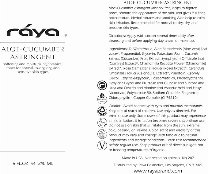 Raya Aloe Cucumber Astringent (202), Facial Toner for Dry and Sensitive Skin - Refreshing, Hydrating and Calming Formula, Gentle Pore Tightening Skincare, Cruelty, Paraben & Alcohol-Free, 8 fl oz