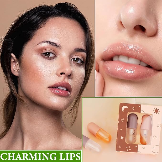 Lip Plumper Set,Lip Plumper Oil Gloss Moisturizing Lip Plumper Lip Care Serum,Hydrating Plump Gloss Reduce Fine Lines,Lip Plumper for Day & Night Use Set BïŒ2PcsïŒ