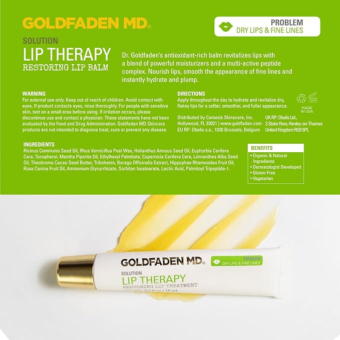 Goldfaden MD Lip Therapy | Restoring Lip Treatment | w/Peptides, Hyaluronic Acid, Fruit Berry Wax, Borage Oil, Rose Hip Oil & Vitamin E | Nourishes, Hydrates & Plumps Appearance 0.14 fl oz / 4 mL