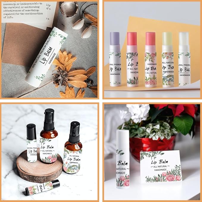 OLYCRAFT 100Pcs 4 Style Lip Balm Label Sticker Flower Pattern Labels Stickers Adhesive Lip Balm Label Sticker Plastic Lipstick Tag Stickers for Lip Balm Container Tubes 1.7x2.1 inch