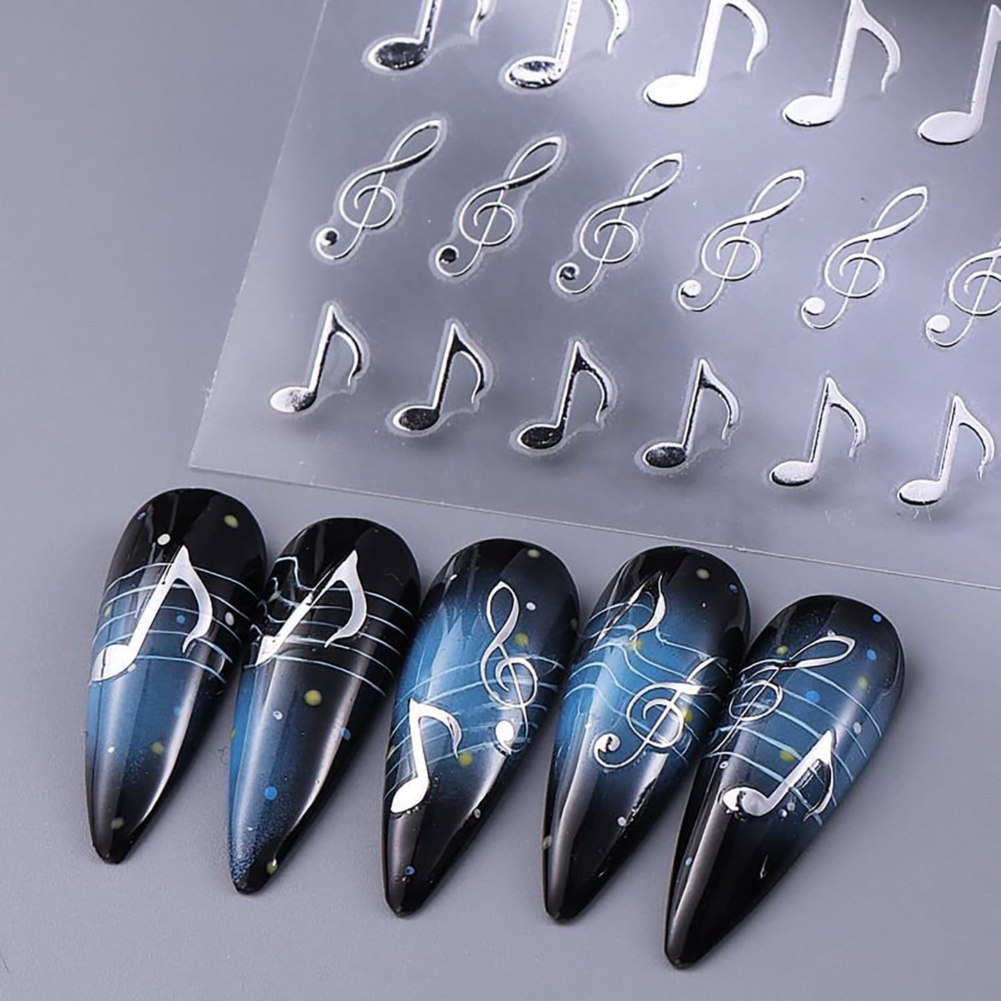 6 Sheets Musical Symbols Nail Art Stickers 3D Self-Adhesive Nails Sticker Music Notation Nails Art Decals Holographic Music Decal Decoration for Women Silver Black Manicure Stickers DIY Nail Supplies