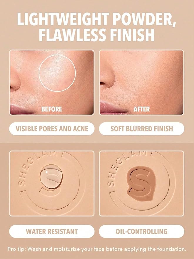 SHEGLAM SKin-Focus Full Coverage Powder Foundation Oil-Control Lightweight Face Pressed Powder Makeup-Peach