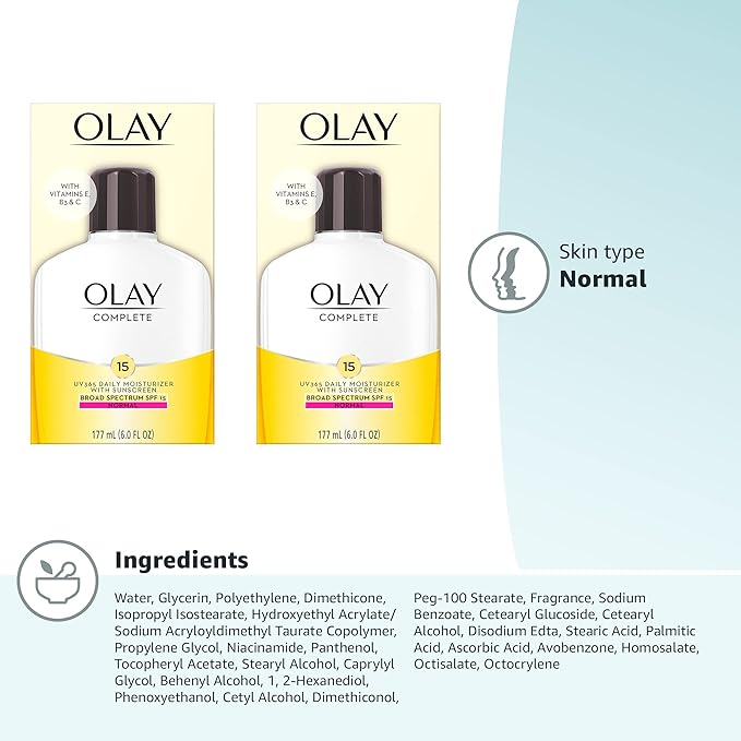 Olay Face Moisturizer, Complete with Sunscreen SPF 15, Daily Facial Lotion for Normal Skin, Lightweight Hydrating Broad Spectrum Sun Protection - Vitamin C, E, and Niacinamide - 6 Oz 2 Pack