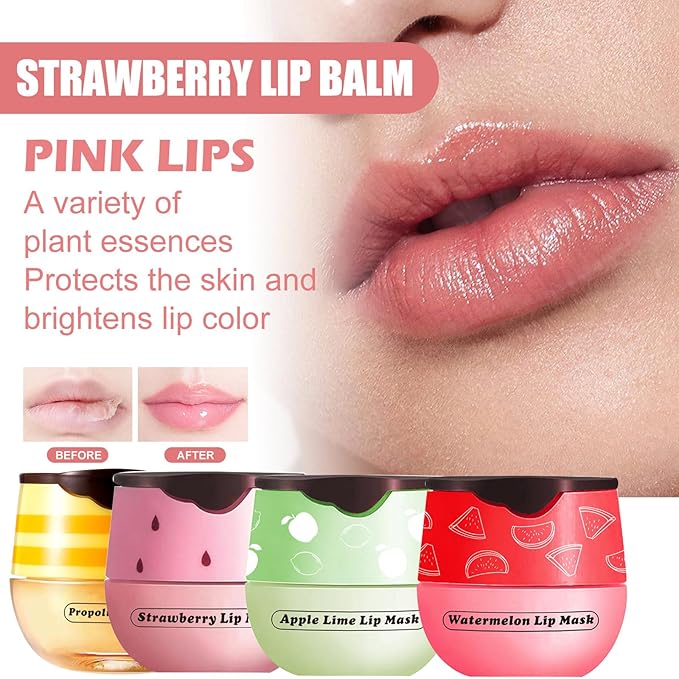 Honey Lip Balm Pot, 3 Pcs Honey & Strawberry & Apple Lime Lip Mask Propolis Moisturizing Hydrating Prevention Dry and Cracked Lip Scrubs Exfoliator