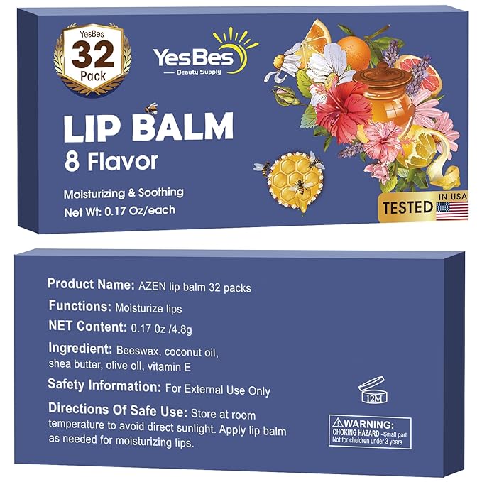 32 Pack Lip Balm, Natural Lip Balm Bulk with Vitamin E and Coconut Oil, Moisturizing Lip Balm for Dry Cracked Lips, Lip Balm for Stocking Stuffers - 8 Flavors