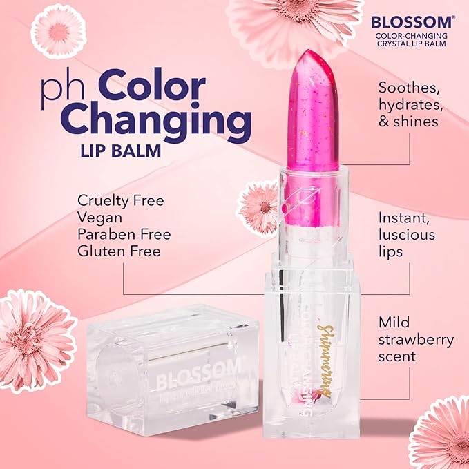 Blossom Moisturizing Color Changing Shimmering Lip Balm Sparkle Lip Stain Tint, Infused with Real Flowers, 3g, Electric Pink