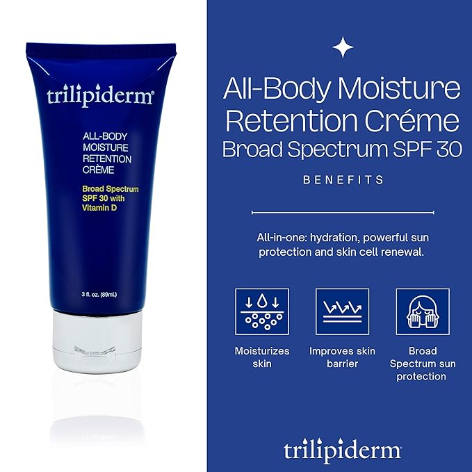 Trilipiderm All-Body Moisture Retention Crème with SPF 30, Vitamin D - 3oz Travel Size Sunscreen