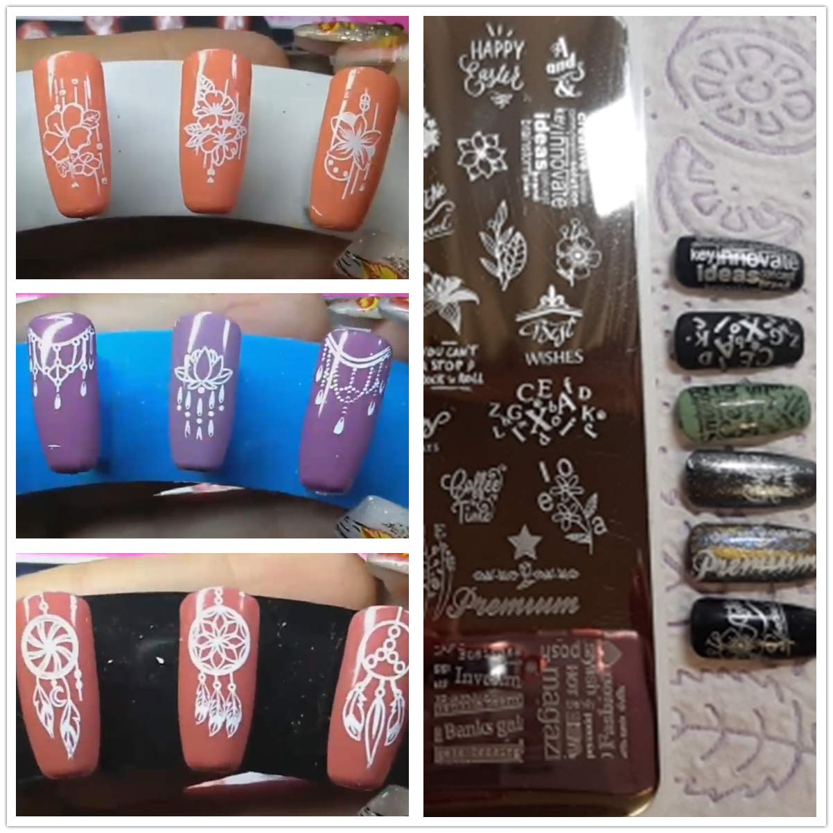 Flowers Leaf Love Nail Stamping Plate 2pcs Dreamcatcher Feather Pendant Image Stamping Template Alphabet Letter Words Creative Large Size Nail Plate Printer Star Lips Nail Stamp Stencil 14.5×9.5cm