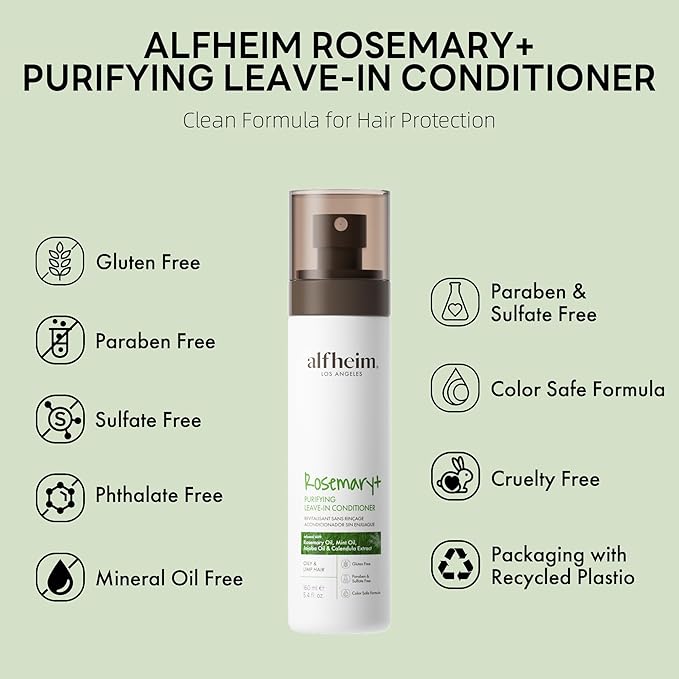 ALFHEIM Rosemary+ Leave-in Conditioner | Lightweight Hydrating & Smoothing Hair Mist | Frizz Control & Heat Protection | Suitable for Oily, Fine, and Dandruff-Prone Hair | 5.4 oz