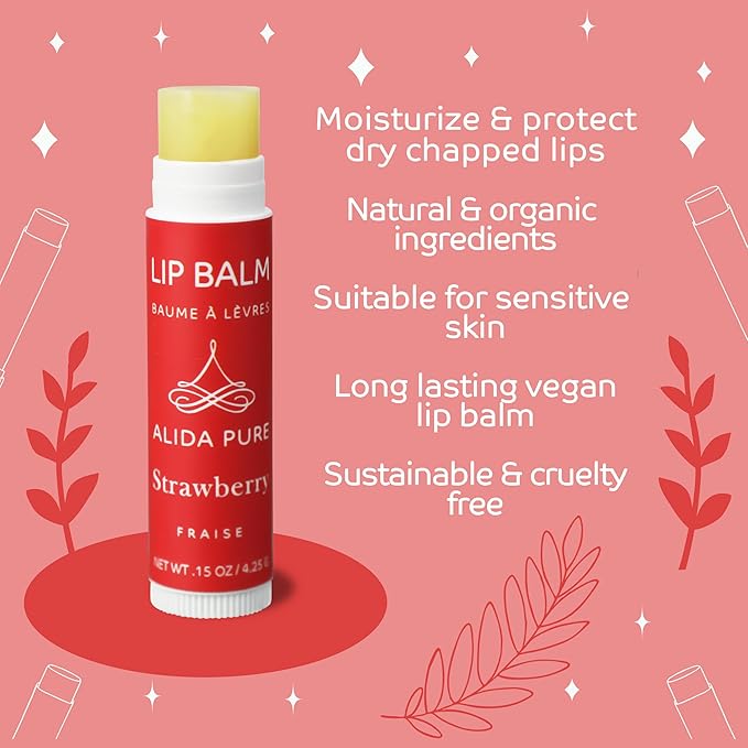 Strawberry Lip Balm Collection, Vegan Lip Balm Set, Beeswax Free, with Avocado Oil, Organic Jojoba Oil, and Vitamin E, Natural Moisturizer for Dry, Chapped Lips, 3 Tube Set