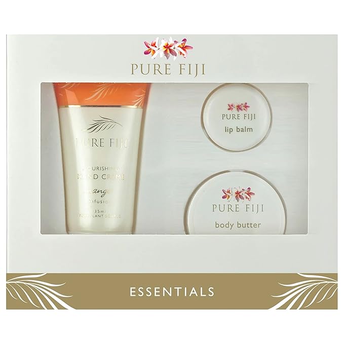 Pure Fiji Essentails Gift Set for Skin Care Hydrating Skincare Set Include - Lip Balm (0,16 Fl. Oz), Body Butter (0.50 Fl. Oz), Hand Crème(1.18 Fl. OZ) Daily Moisturizer Set - Mango