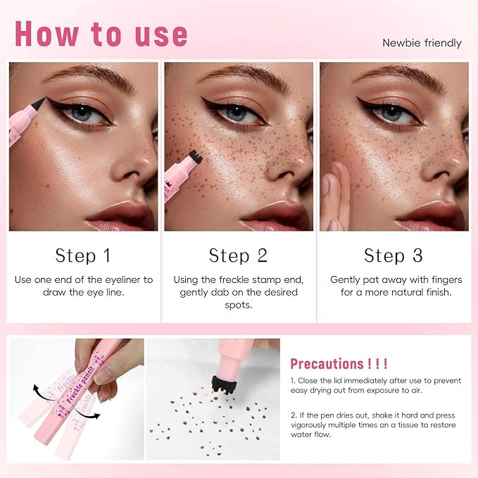 Freckle Stamp with Eyeliner Pen 2 in 1 for Natural Lifelike Faux Freckle Waterproof Fake Freckles Stain Marker for Sunkissed Makeup #Light Brown&Black
