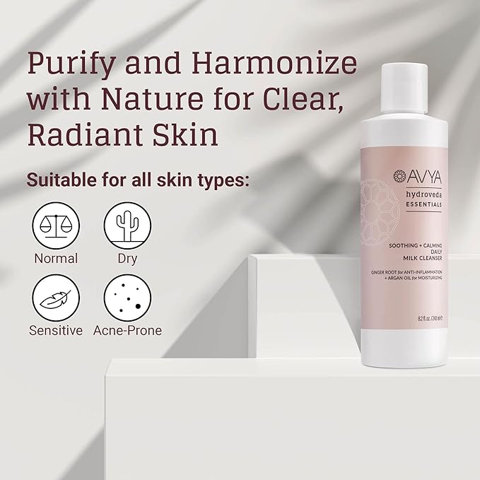 AVYA Hydroveda Essentials Daily Milk Cleanser (8.2oz) - Advanced Ayurvedic Skincare/Removes Makeup and Impurities for Natural Radiance/Ginger Blend Great for Sensitive Skin