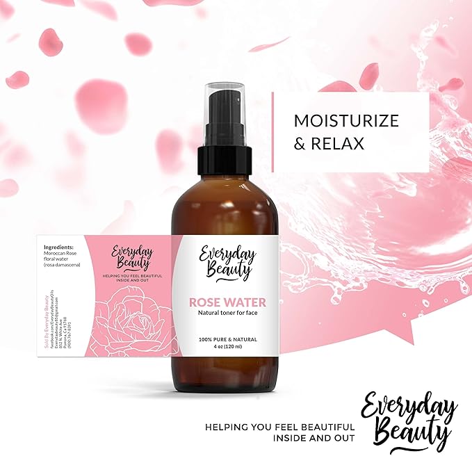 Rose Water Facial Toner - Alcohol-Free Vegan All Natural Refreshing Spray Mist for Face and Hair - Uplifts, Calming & Soothing for All Skin Types 4oz with Fine Mist Cap