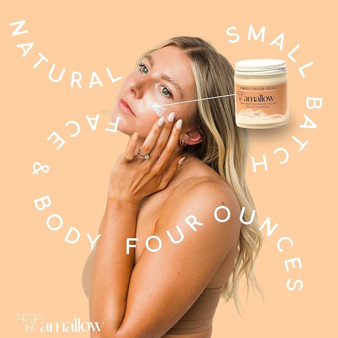 Amallow 100% Grass Fed Beef Tallow for Skin Care - Face + Body - Whipped Moisturizer - Natural Lotion, 4 FL. oz. (Orange Creamsicle)