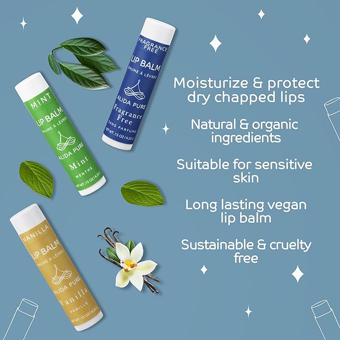 Favorites Lip Balm Collection, Vegan Lip Balm Set, Bees Wax Free, Coconut Oil Free, Avocado Oil, Organic Jojoba Oil, Vitamin E, Natural Moisturizer For Dry Cracked Lips, 3 Tube Set