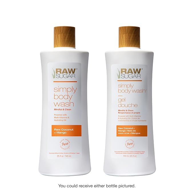 RAW SUGAR Simply Body Wash - Raw Coconut + Mango, Moisturizing & Soothing Bath & Shower Gel, Sulfate-Free, Paraben-Free & Vegan (Pack of 3)