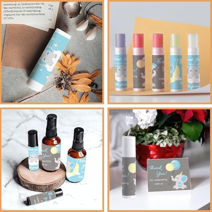 OLYCRAFT 100Pcs 4 Styles Elephant Lip Balm Labels Stickers 2.1x1.7 inch Self-Adhesive Favor Lip Balms Elephant Stickers with Thank You Words for Lipstick Wrapping Decorations Birthday Party Supplies