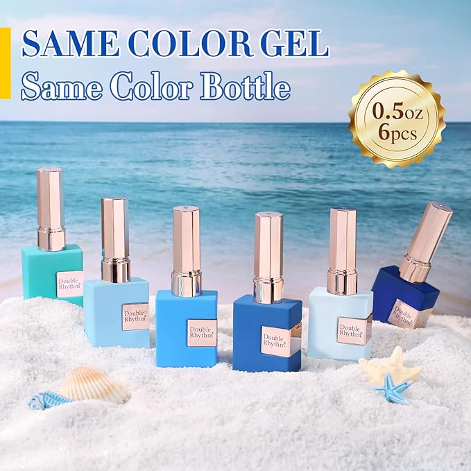 Double Rhythm 6 Pcs 15 ML Gel Polish Set Same Color Same Bottle Soak Off Gel Polish Kit Nail Art Manicure Salon DIY at Home for Women (Light Blue Dark Navy Teal-T6-14)