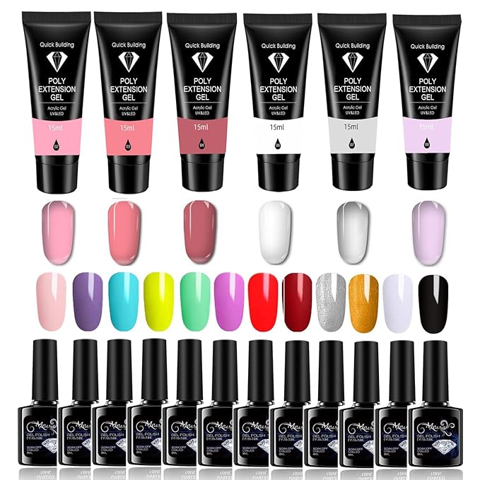 Gel Nail Polish Kit for Women with 6 Colors Extension Poly Nail Gel set, 48W UV Lamp, 12pcs nail polish set with Base Coat and Top coat,Professional Manicure Tool for Home DIY Salon