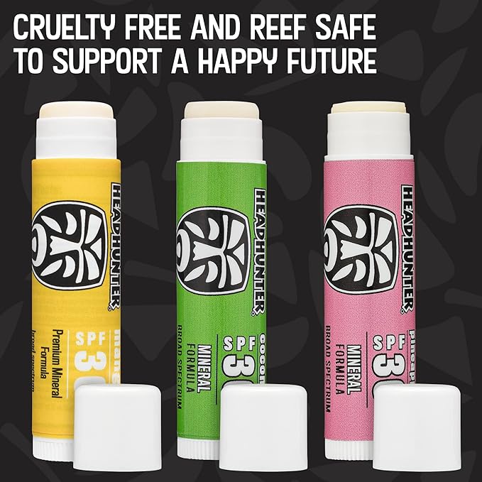 Headhunter Sport Chapstick Sunscreen SPF 30, Natural Mineral Waterproof Lip Balm For Sun Protection, Ultra Solar Defense - Reef Safe Sunblock Chap Stick, 3 Flavors - Coconut, Pineapple, Mango (6 Pack)