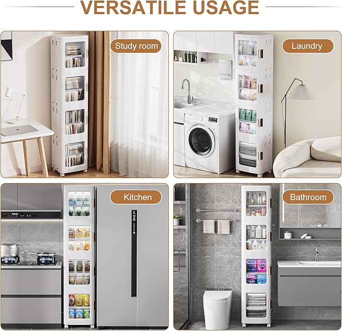 VECELO 4-Tier Plastic Tall Narrow Storage Cabinet with Movable Wheels, Adjustable Shelves, Magnetic Doors, Slim Bathroom Organizers and Storage for Small Space, Bathroom, Kitchen, Laundry, White